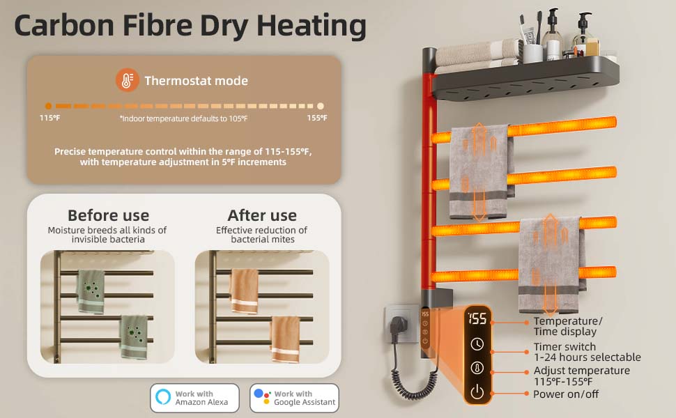 SIOYIE Smart Rotating Heated Towel Rack For Bathroom, Wall-Mounted Electric Towel Dryer With Swivel Bars & Shelf, Smart Timer, Low Carbon Steel, Plug-in/Hardwired, Towel Warmer With Wi-Fi App Control_voghion.com